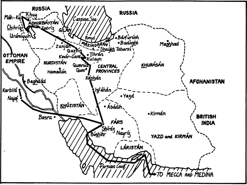 Map of the journeys of the Báb. 